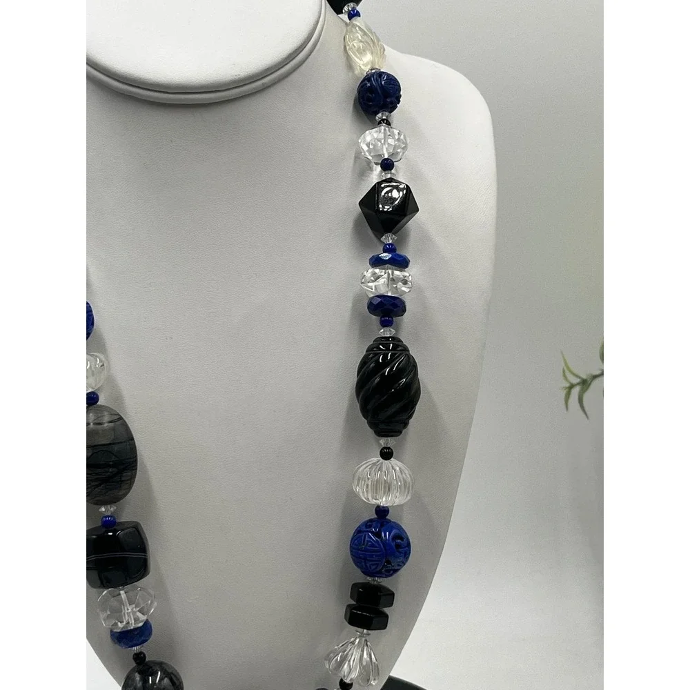 Neckings‎ by Paulette One of a Kind Chunky Carved Rock Quartz Blue Sodalite Onyx